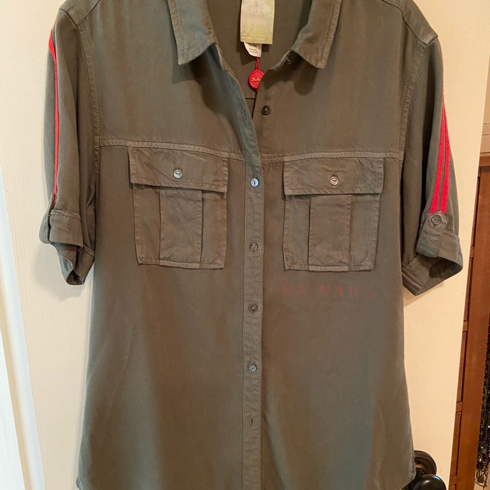 Da-Nang Khaki Button-Down Shirt with Red Stripes